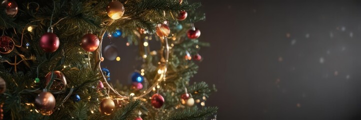 Wall Mural - Vibrant baubles adorn a Christmas tree, encircled by a soft, glowing halo of fairy lights ,  baubles, christmas tree