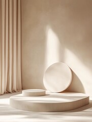 Aufkleber - Sunlit minimalist beige room with two round platforms and flowing beige curtain