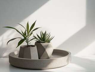 Aufkleber - Two small potted plants, a succulent and a leafy plant, sit on a round concrete tray in a sunlit room against a white wall