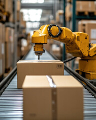 Poster - A robot is working on a box in a factory. The robot is yellow and has a sharp point on its head. The box is brown and has a label on it
