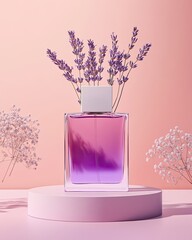 Aufkleber - A rectangular glass perfume bottle with a gradient purple liquid, topped with a white cap and adorned with lavender sprigs, rests on a pale pink cylindrical platform against a matching backdrop. 