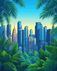 Poster - A cityscape with a lush green forest in the background. The city is filled with tall buildings and skyscrapers, and the trees are full and green. Scene is peaceful and serene, as the city