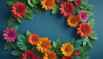 Wall Mural - Overhead vibrant paper flowers, green leaves, blue backdrop,  texture,  springtime