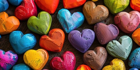 A colorful collection of heart-shaped objects, arranged in a scattered pattern on a wooden surface.