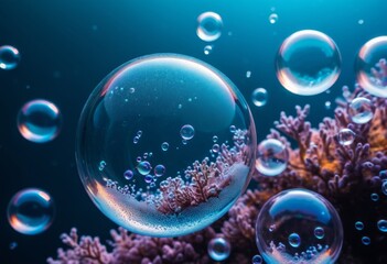 Wall Mural - Bubbles are floating over the reef on a blue background