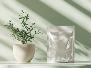 Aufkleber - Minimalist scene a beige pot with a small green plant sits beside a blank, stand-up pouch, all on a pale surface, sunlit with diagonal shadows on a muted green background