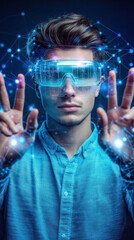 Poster - A man wearing blue glasses is looking at a computer screen with a blue background. He is holding his hands up in the air, as if he is about to do something. Concept of excitement and anticipation