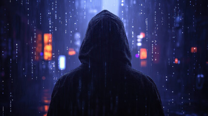 Poster - A person is standing in the rain with a hood over their head. The image has a moody and mysterious feel to it, as the person is the only visible figure in the scene