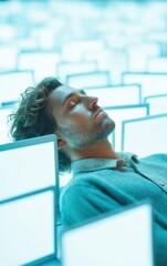 Poster - Digital Burnout Visualization Millennial Tech Worker Overwhelmed by Screens - Workplace Wellness, Mental Health, and Remote Work Exhaustion in Hyperconnected Era