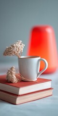 Aufkleber - Cozymaxxing Wellness Retreat Soft-Focus Mindfulness Sanctuary with Vintage Books, Artisanal Ceramic Mug, and Therapeutic Red Light Ambiance for Holistic Self-Care Enthusiasts
