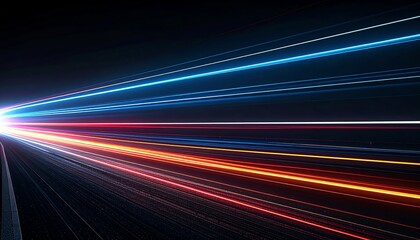 Poster - Vibrant light trails create a dynamic sense of motion against a dark background, showcasing the beauty of speed and technology