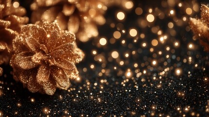 Gold flowers arranged on a black surface with sparkling bokeh lights in a dark background.