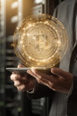 Poster - Next-Gen Blockchain Innovation Holographic Bitcoin Interface Visualizing Digital Finance Transformation for Enterprise Technology Strategy and Cryptocurrency Investment Insight
