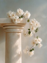 Poster - Ethereal Romantic Minimalism Classic Roman Column with Soft White Botanicals - Timeless Wedding Design and Architectural Elegance in Soft Neutral Palette