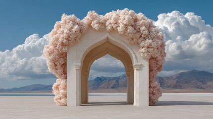 Poster - Ethereal Architectural Poetry Minimalist Mughal-Inspired Portal with Blush Floral Installations - Surreal Landscape Design for Immersive Brand Storytelling and Creative Conceptual Experiences