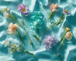 Aufkleber - Ethereal Springscape Soft Pastel Florals Dancing on Aquamarine Silk - Mindful Design and Seasonal Aesthetic for Contemporary Greeting Card Styling