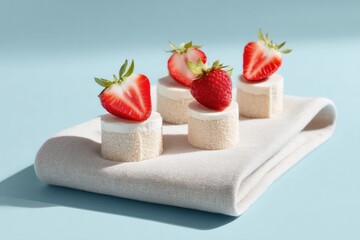 Aufkleber - Minimalist Culinary Art Gourmet Strawberry Micro-Desserts on Elegant Textured Linen - Innovative Food Styling for Premium Lifestyle Content
