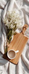 Poster - Soft Minimalist Morning Ritual Eco-Chic Wooden Serving Board with Delicate Elderflower Bouquet and Neutral Ceramic Mug - Serene Lifestyle Styling