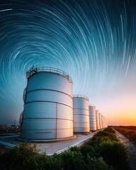 Aufkleber - Futuristic Hydrogen Infrastructure Sleek Industrial Storage Tanks Under Star Trails - Next-Gen Renewable Energy Visualization for Climate Innovation Marketing