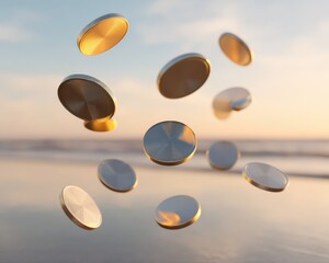 Poster - Metallic Cryptocurrency Dynamics Futuristic Digital Finance Visualization with Ethereal Floating Coins - Next-Gen Investment Aesthetics for Web3 Branding