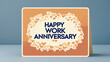 © Y.a.o.W - Work anniversary greeting card featuring a warm orange and blue background with hand drawn pattern of small, interconnected hearts and text 'happy work anniversary'