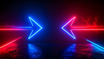 Poster - Vibrant neon arrows in blue and red point in opposite directions against a dark background, creating a striking visual contrast