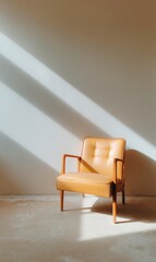 Poster - Minimalist Mid-Century Modern Chair Sustainable Vintage Leather Armchair in Soft Sunlight - Retro Design Meets Contemporary Mindful Living Aesthetic