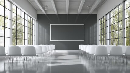 Poster - Modern Conference Room Interior with White Chairs Facing Blank Screen in Minimalist Style