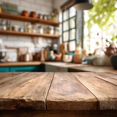 Poster - Rustic wooden table in blurred kitchen interior background with shelves and window for product display