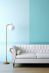 Poster - Elegant Living Room Interior Featuring White Chesterfield Sofa and Gold Floor Lamp against Two Tone Blue Wall