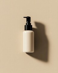 Aufkleber - A minimalist beige pump bottle casts a shadow on a matching background.  The bottle is cylindrical with a matte finish and a black pump top
