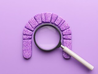 Fototapete - Magnifying Glass over Purple Arch of Textured Blocks Flat Lay Still Life on Solid Color Background Search Concept