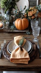Poster - Rustic Fall Table Setting with Pumpkin Centerpiece and Linen Napkin Close Up Shot Indoor