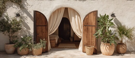 Poster - Rustic doorway with wooden doors and curtains leading to bedroom interior with plants in pots in natural light