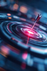 Poster - Arrow hitting center of target with red glow in abstract futuristic style close up symbolizing success achievement and focus