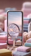Leinwandbilder - Magnifying glass on phone screen showing landscape with pastel towels and accessories in soft focus studio shot