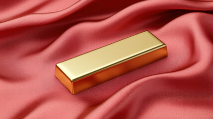 Poster - A gold bar is sitting on a red cloth. The gold bar is shiny and has a rectangular shape. The cloth is red and has a soft texture. Concept of luxury and elegance