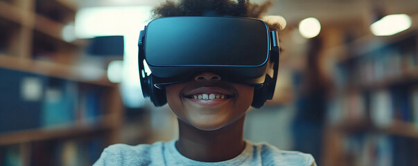 Poster - A young black girl wearing a virtual reality headset is smiling. The scene takes place in a library, with many books visible in the background