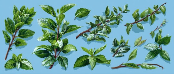Poster - Fresh Mint Leaves and Branches on Light Blue Background Flat Lay Still Life Herbalism Concept