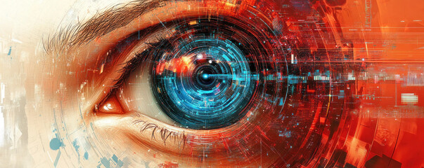 Poster - A close up of a person's eye with a blue circle in the center. The eye is surrounded by a red and blue background. The eye is the main focus of the image