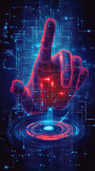 Poster - A hand pointing to a red button in a blue background. The image is a representation of a computer interface, with the hand symbolizing a click or a command