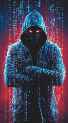 Poster - A man in a hoodie with red eyes stands in front of a red background. The image has a futuristic and dystopian feel to it, with the man's hoodie and red eyes giving off a menacing and eerie vibe