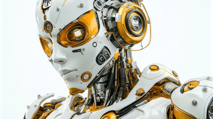 Poster - A robot with gold and white features stands in front of a white background. The robot's design is futuristic and metallic, with a metallic head and a metallic body. The robot's face is illuminated