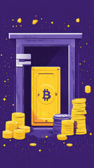 Poster - A door with a large amount of coins and a Bitcoin symbol on it. The coins are piled up and the door is open
