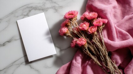 Aufkleber - Blank white card mockup with pink everlasting flowers and linen on marble background flat lay top view invitation template