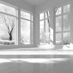 Aufkleber - Interior of bright white room with large windows overlooking snow covered landscape in winter daytime