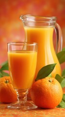 Poster - Orange Juice Still Life: Pitcher and Glass with Fresh Fruit, Studio Shot, Bright and Vibrant, Healthy Drink