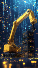 Poster - A yellow robot is lifting a stack of boxes. The robot is surrounded by a cityscape with bright lights and a futuristic feel. Concept of technology and progress