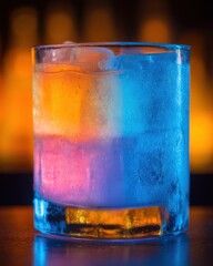 Poster - Colorful cocktail drink in glass with ice cubes close up shot on bar top with blurred background and vibrant lighting