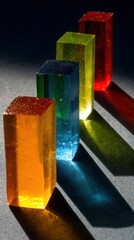 Poster - Colorful Crystal Blocks Casting Shadows on Gray Surface Abstract Still Life Studio Shot